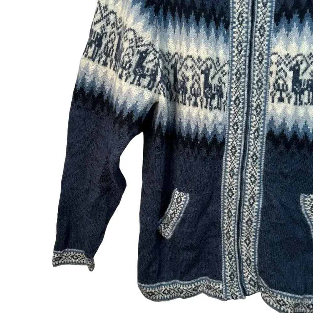 Alpaca Connection Peru Alpaca Cardigan Blue Fair Isle Cabincore Winter Large